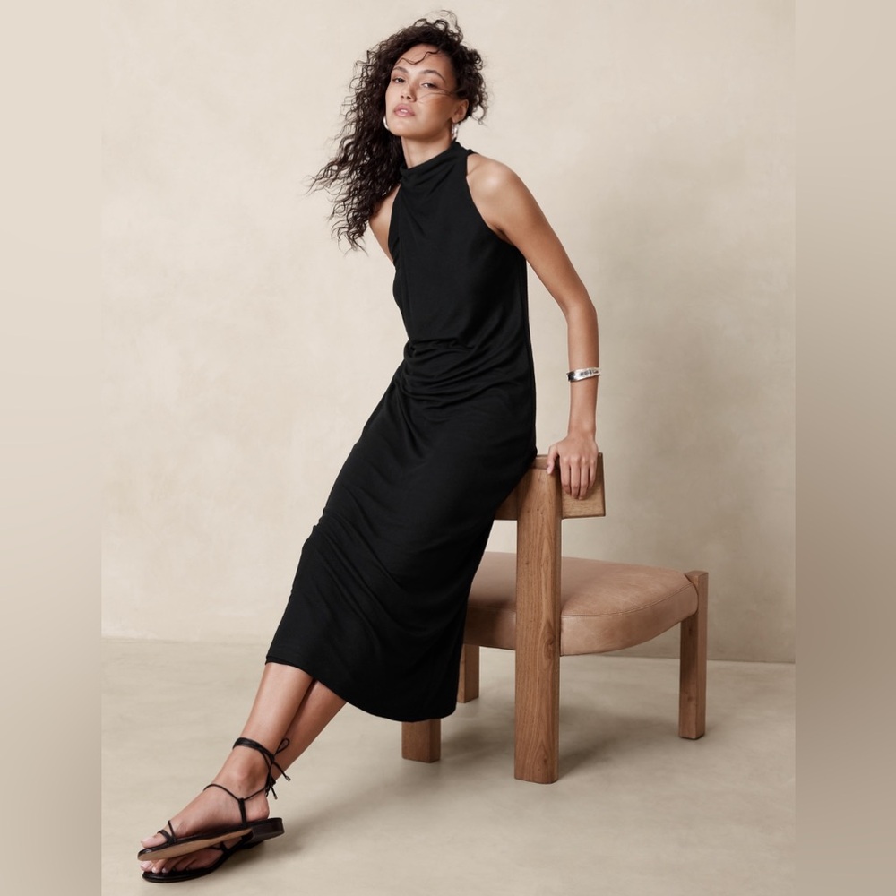 NEW! Banana Republic Black Draped Jersey Maxi Dress - Large Tall 🗺️1️⃣